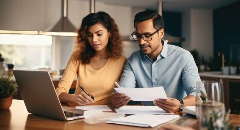 Ett par sitter vid ett köksbord och går igenom papper framför en bärbar dator.